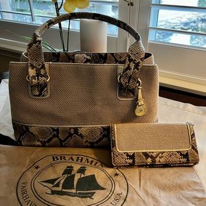 Brahmin Linen and Snakeskin Leather Satchel and Wallet